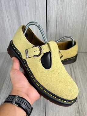 NEW Dr. Martens Docs Yellow Suede T-Bar Buckle Mary Jane Clog Shoe Womens Size 7